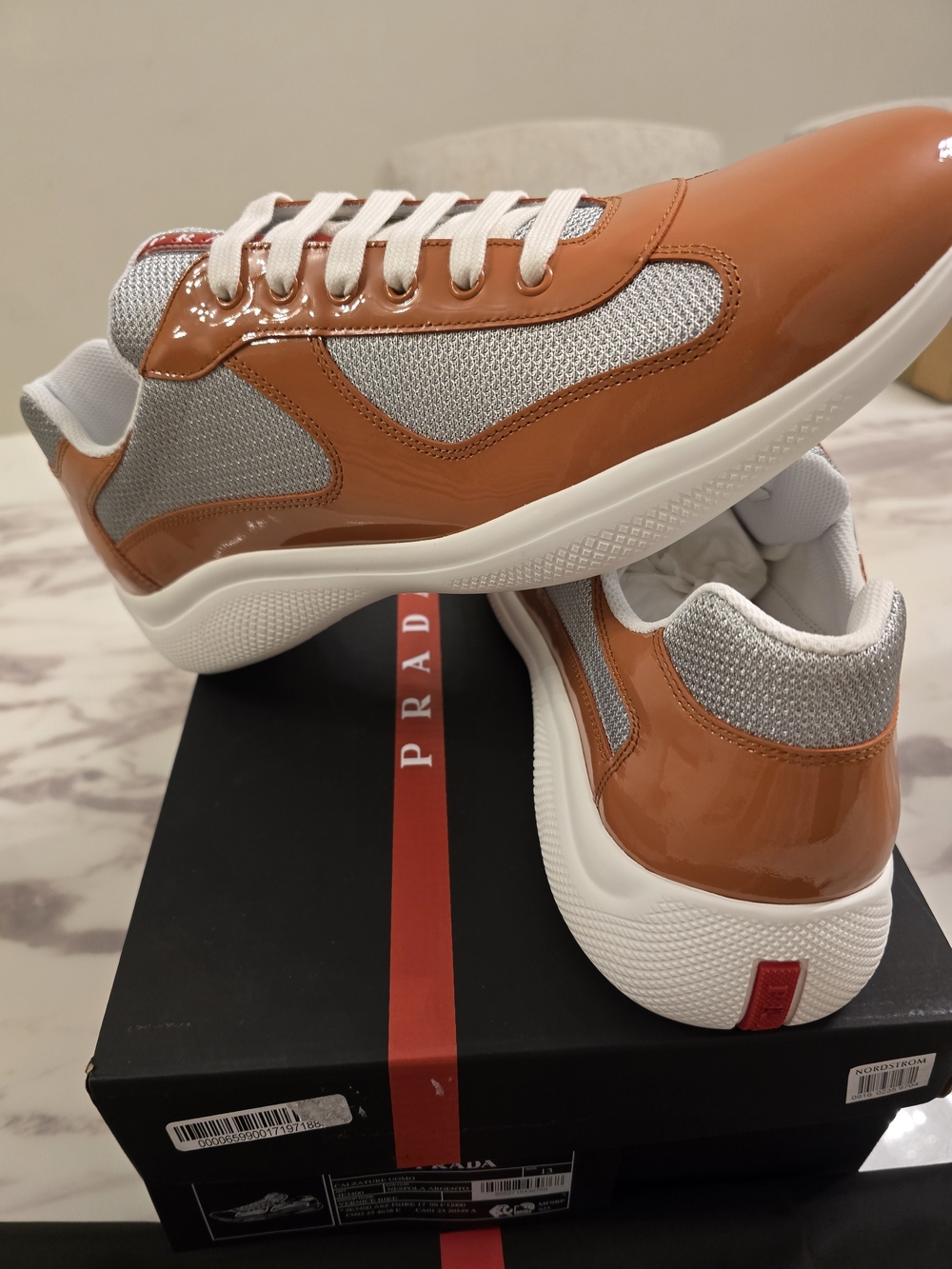 Prada Men’s Orange Patent Leather and Gray Mesh Sneakers
